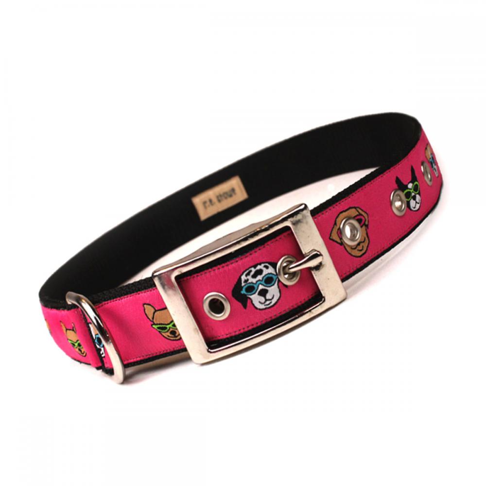 Pups In Sunglasses Pink Metal Buckle Dog Collar (1 Inch)