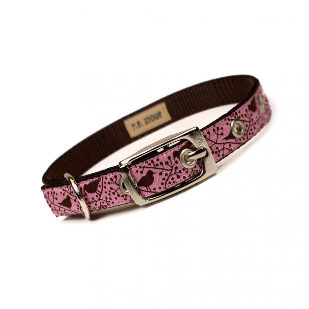 Pink And Brown Modern Birds Metal Buckle Dog Or Cat Collar (1/2 Inch)