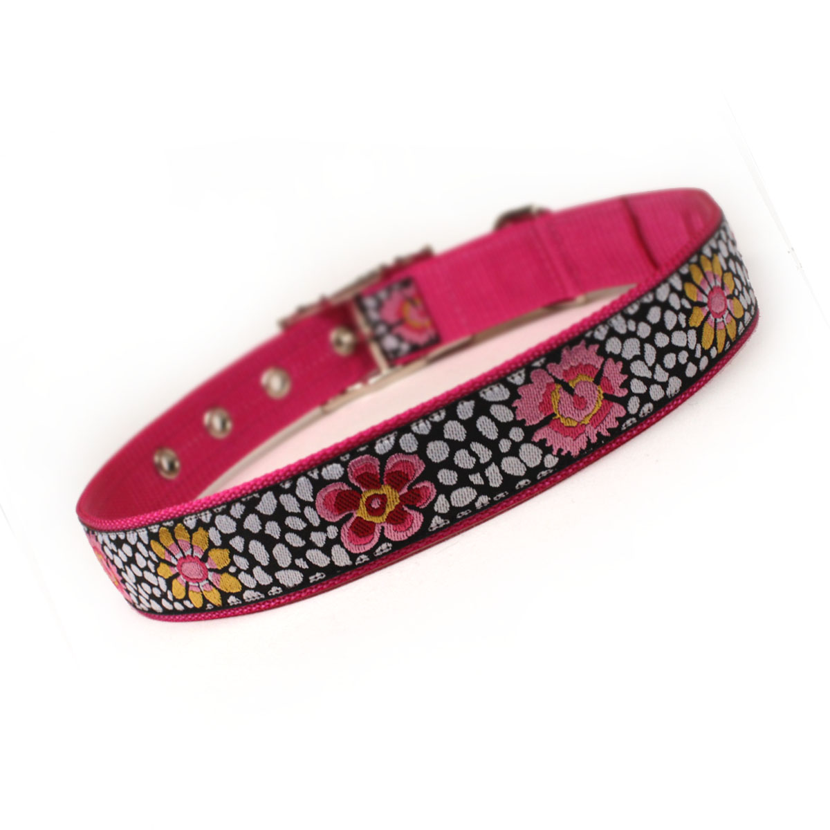 Pink And Black Bold Floral Metal Buckle Dog Collar (1 Inch) on Luulla
